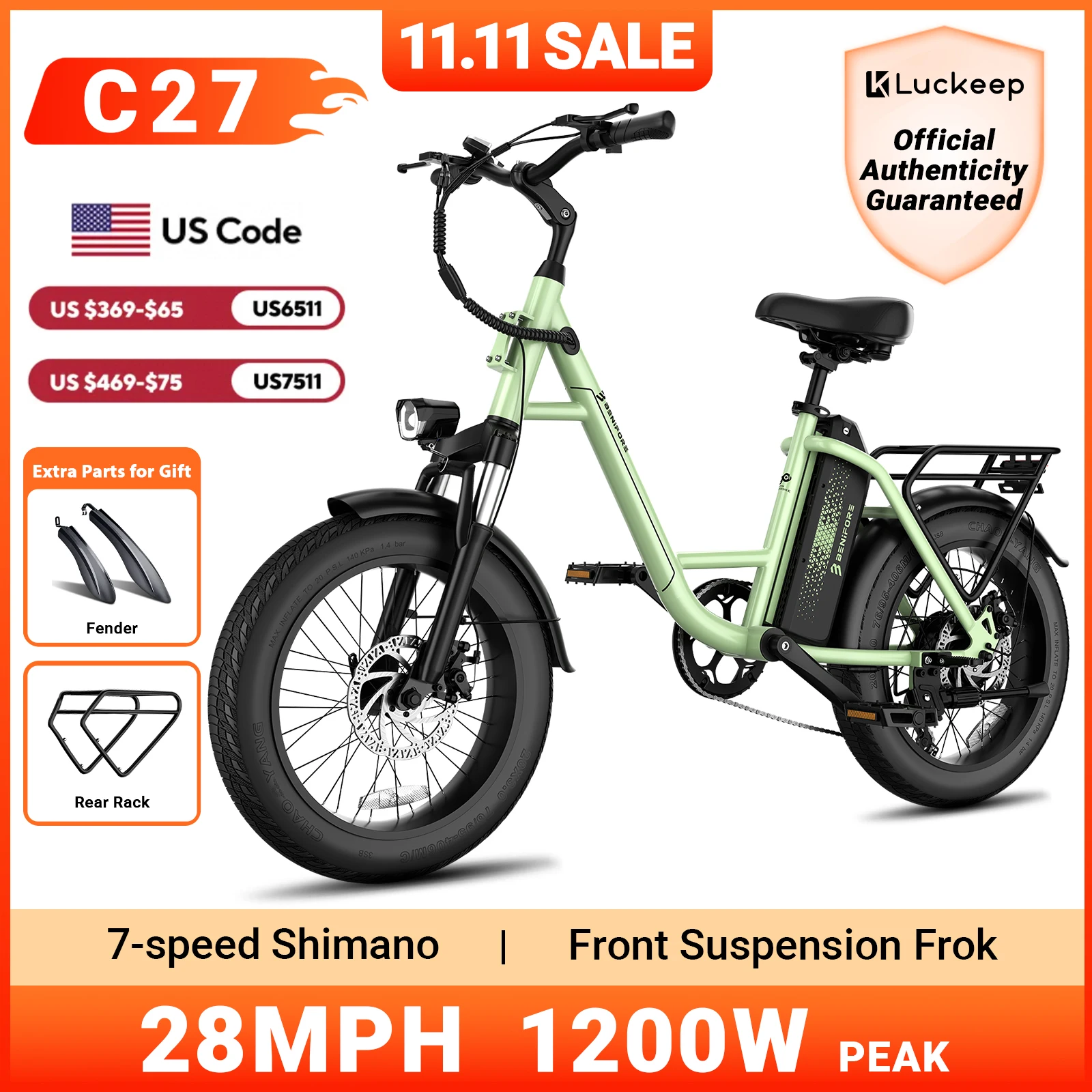 

Электрический велосипед Luckeep C27 для взрослых, пик 750 Вт, съемный аккумулятор 28 миль в час, электровелосипеды 624 Втч, электронные велосипеды с толстыми шинами 20 дюймов для взрослых