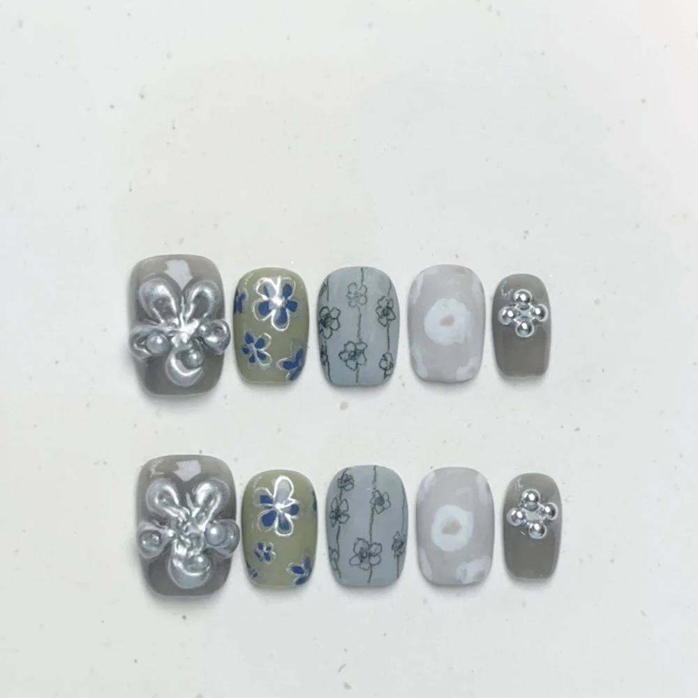 Beautiful Short Square Ellipse Handmade Detachable Full Cover Nails Cat Eyes Bowknot Pearl Diamond Flower Stars Press On Nails