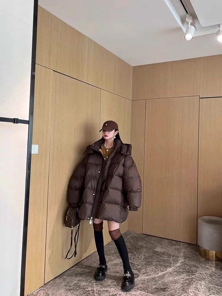 Ele Brown com capuz para baixo Jaet feminino inverno Thiened pão sle casaco sli commute à prova de vento quente longo sve