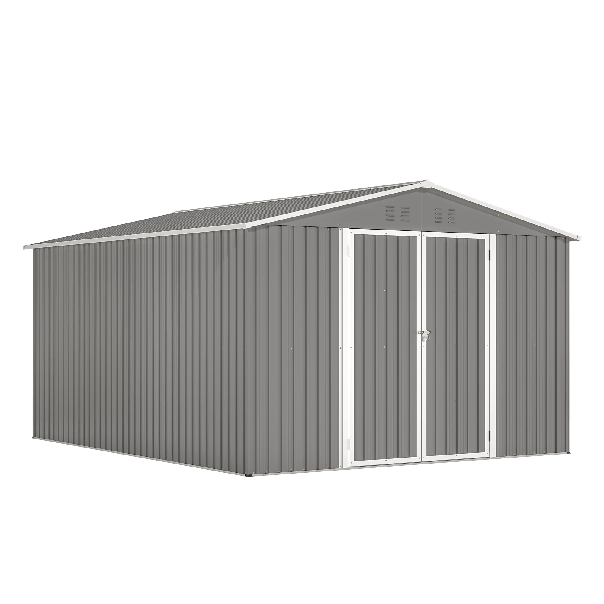 10x12 FT Metal Outdoor Storage Shed Floor Frame Double Lockable Doors Backyard Patio Gray Vents Sloped Roof Weatherproof UV