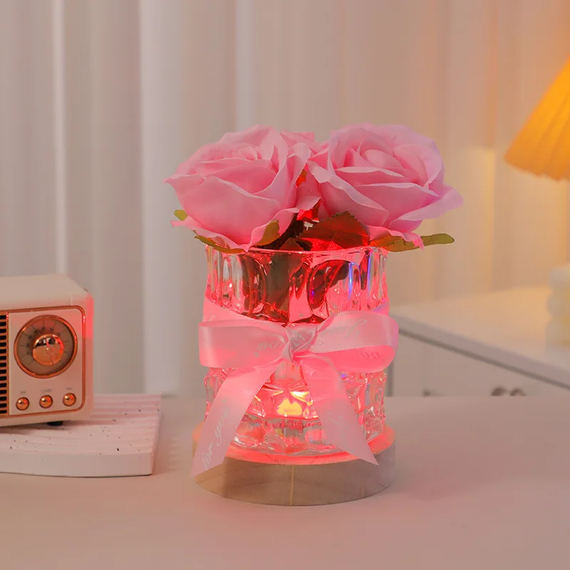Customized Rose Glass Lamp with Light, Solid Wood Base, Living Room Bedroom Nightstand Decoration Ornament, Birthday