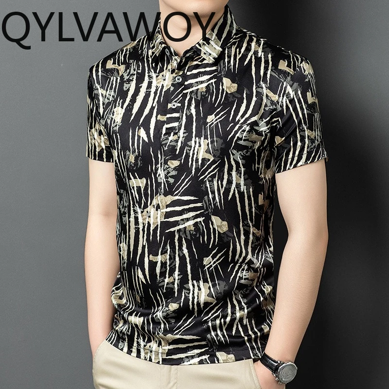 QYLVAWOY 92.5% Mulberry Silk Printed Polo Shirt Short Sleeve Summer Tops T Shirts for Man Lapel Men's Polo Shirts Heavyweight