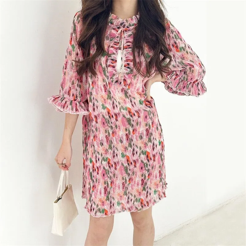 Sommer 2024 frauen Floral Print Kleid Chiffon Süße Mode Büro Dame Halb Hohen Kragen Elegante Schmetterling Hülse Casual Vestidos