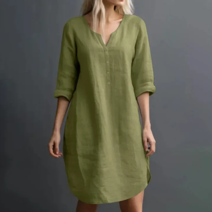 Frauen Hemd Kleid 2024, Sommer Vestidos Casual V-ausschnitt 3/4 Hülse Lose Einfarbig Knie-länge Sommerkleid Vintage Robe femme