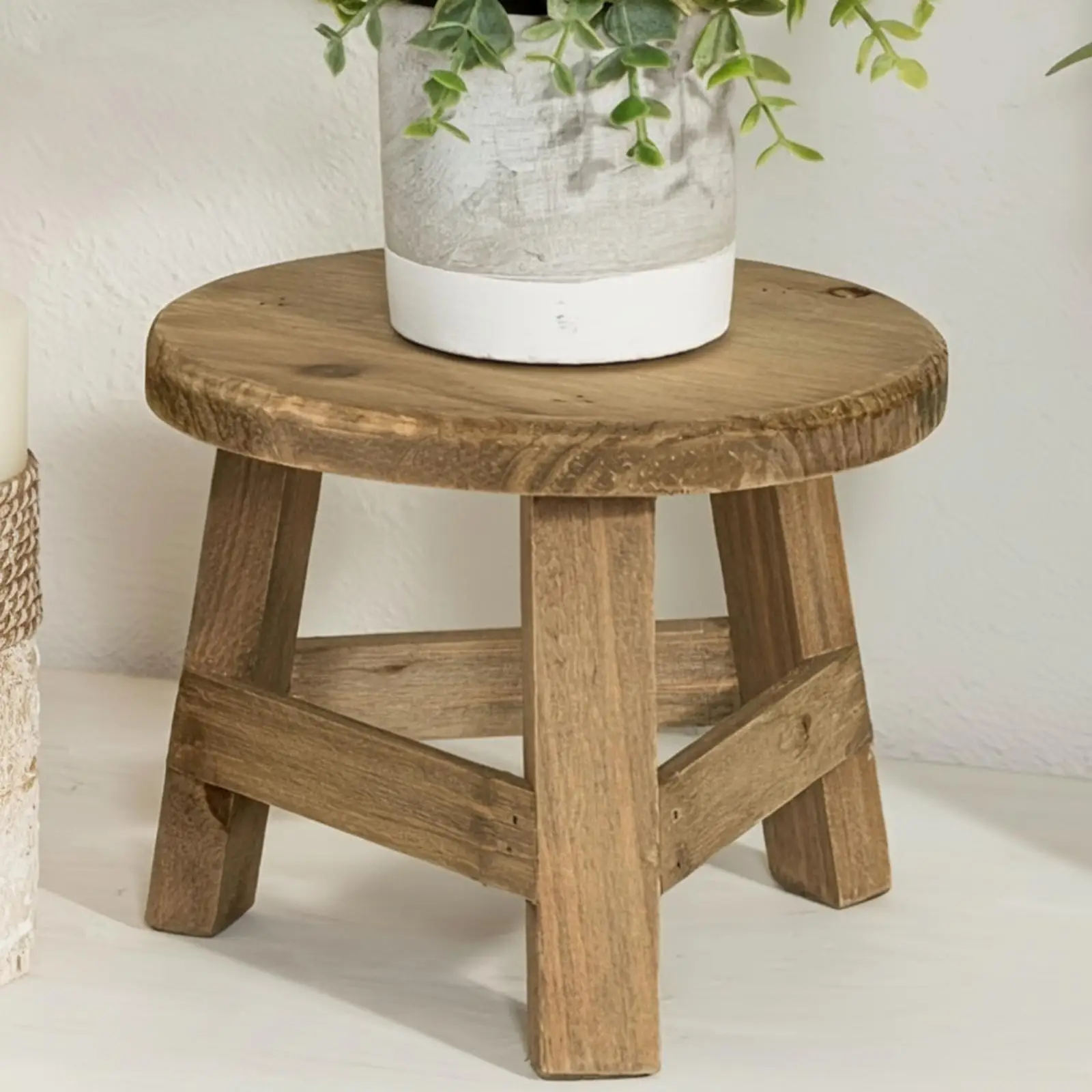 Natural Wood Stool Compact Plant Stand for Patio Balcony Kitchen Counter Decor