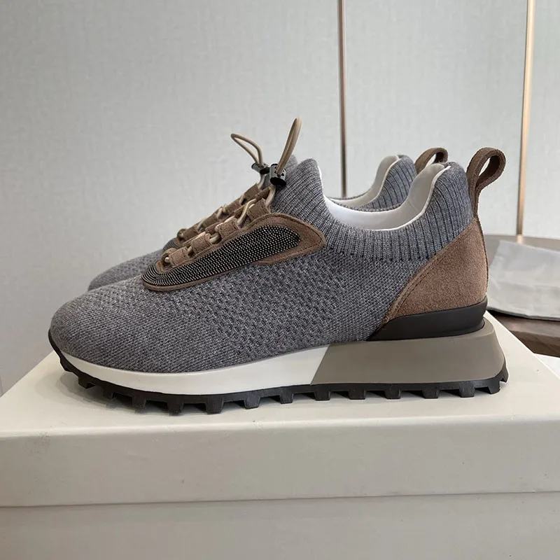 Sneakers Flat Thick Sole Casual Shoes Women Knitting Lace Up String Bead Decor Breathable Tenis Shoe Spring Autumn Walking Shoes