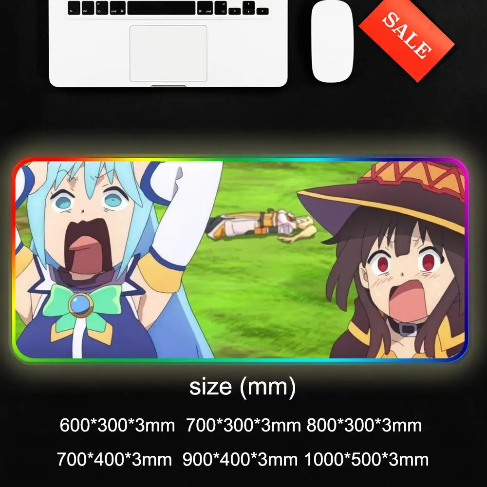Konosuba Sad Aqua Mouse Pad Gamer Rgb Desk Mat Back Light Led Mousepad Setup Gaming Accessories Deskmat Big Mousepepad Backlight