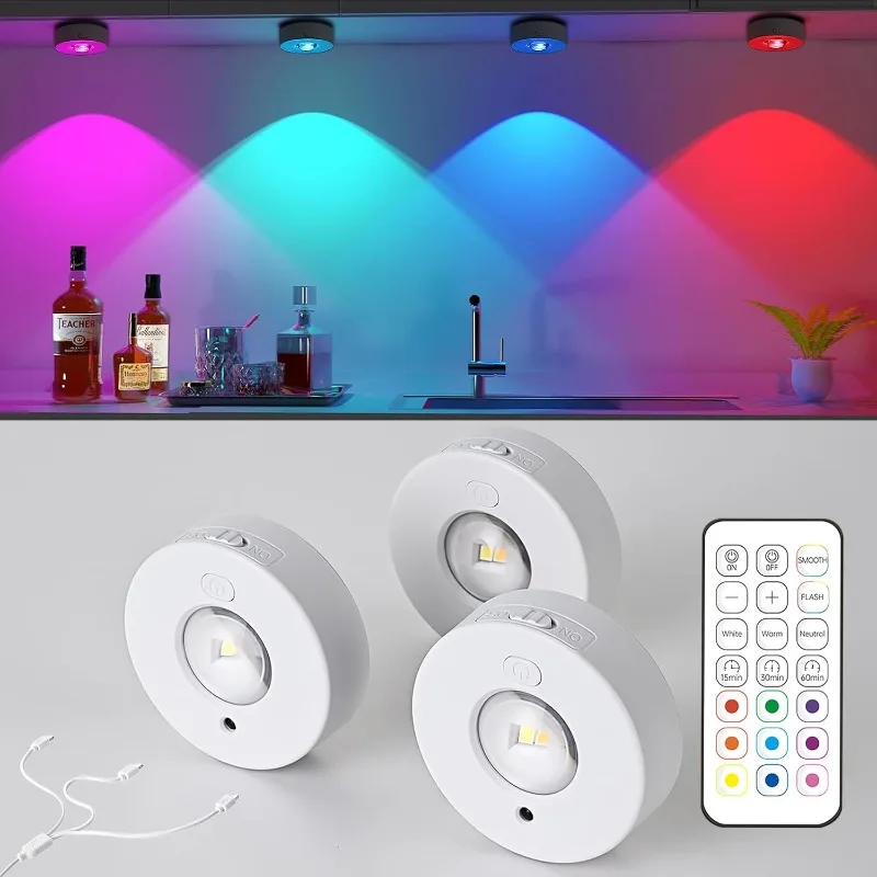 RGB+3-Color Wireless Under Cabinet Light, Timer, Dimmable, Magnetic, Rechargeable, Remote/Touch for Kitchens, Cabinets, Closets