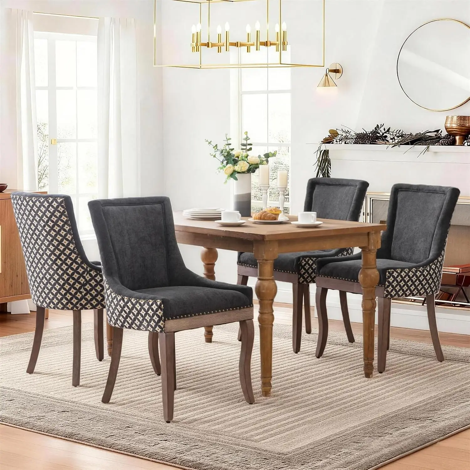 Vintage Upholstered Side Chairs Set of 4 with Nailheads Wood Legs for Kitchen Living Dining Room Black Pattern, Customized