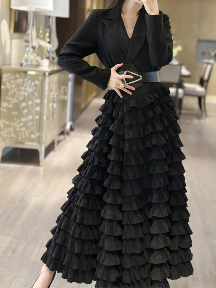 BZVW French Style Multi-layer Ruffles Dress For Women Long Sleeves Stitching Solid Color Female Elegant Clothing Autumn 25A146