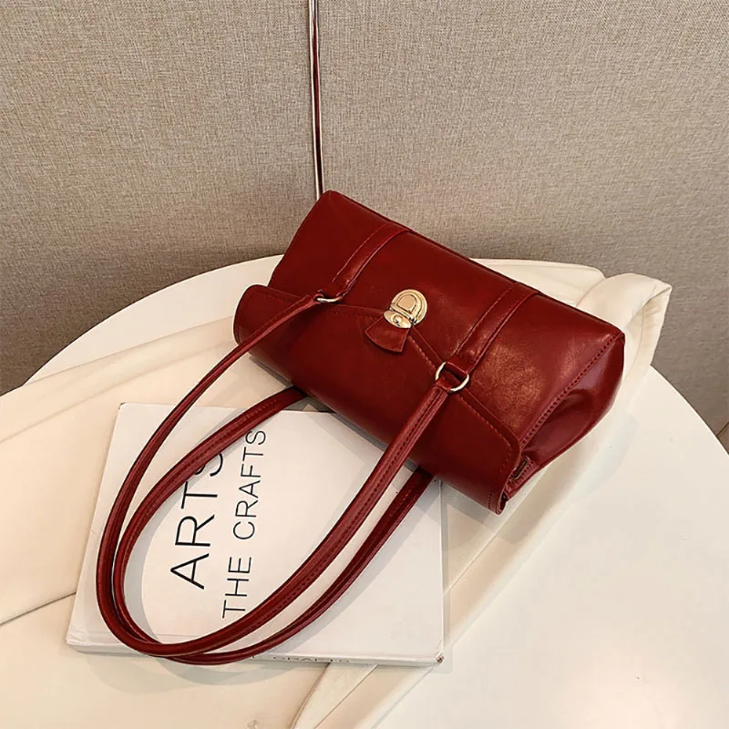 Vintage High-Grade Sense Underarm Tote Bag Women 2023 New Fashion Red Simple Style Korean Texture Commuter Portable Shoulder Bag