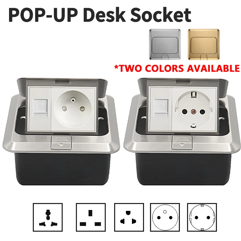 Pop-Up Desktop/Floor Socket EU/FR/US/UK/Universal Standard Metal Panel Table 250V 16A Aluminum Alloy Box Waterproof Outlet