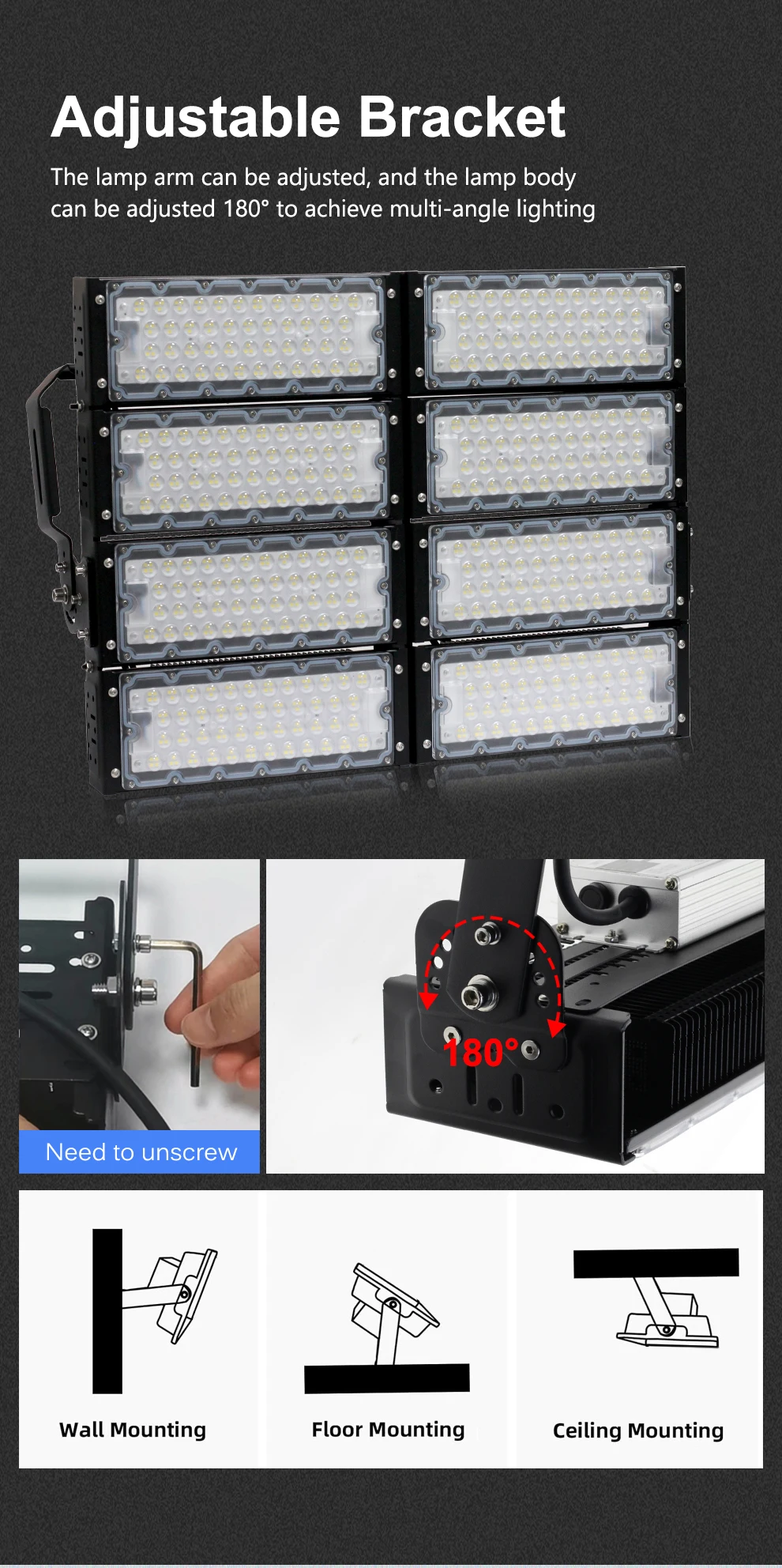 Stadion-LED-Flutlicht AC100-277V 100W 200W 300W 400W 600W 800W 6500K 130M/W SMD2835 für Tunnel- und Verkehrsflächenbeleuchtung – Detail 7