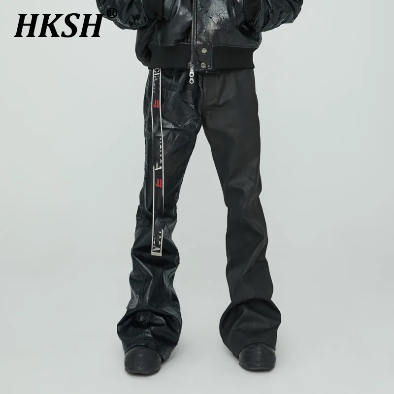 

HKSH Hand-coated Slim Fit Versatile Waxed Face Heavy Weight Spliced Crack Casual Black PU Leather Pants men's tide punk HK0850