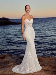 Sexy herzförmige Brautkleider, elegante Spitzenapplikationen, rückenfrei, Sweep-Zug, Brautkleider, maßgeschneidert, ärmellos, Vintage-Meerjungfrau