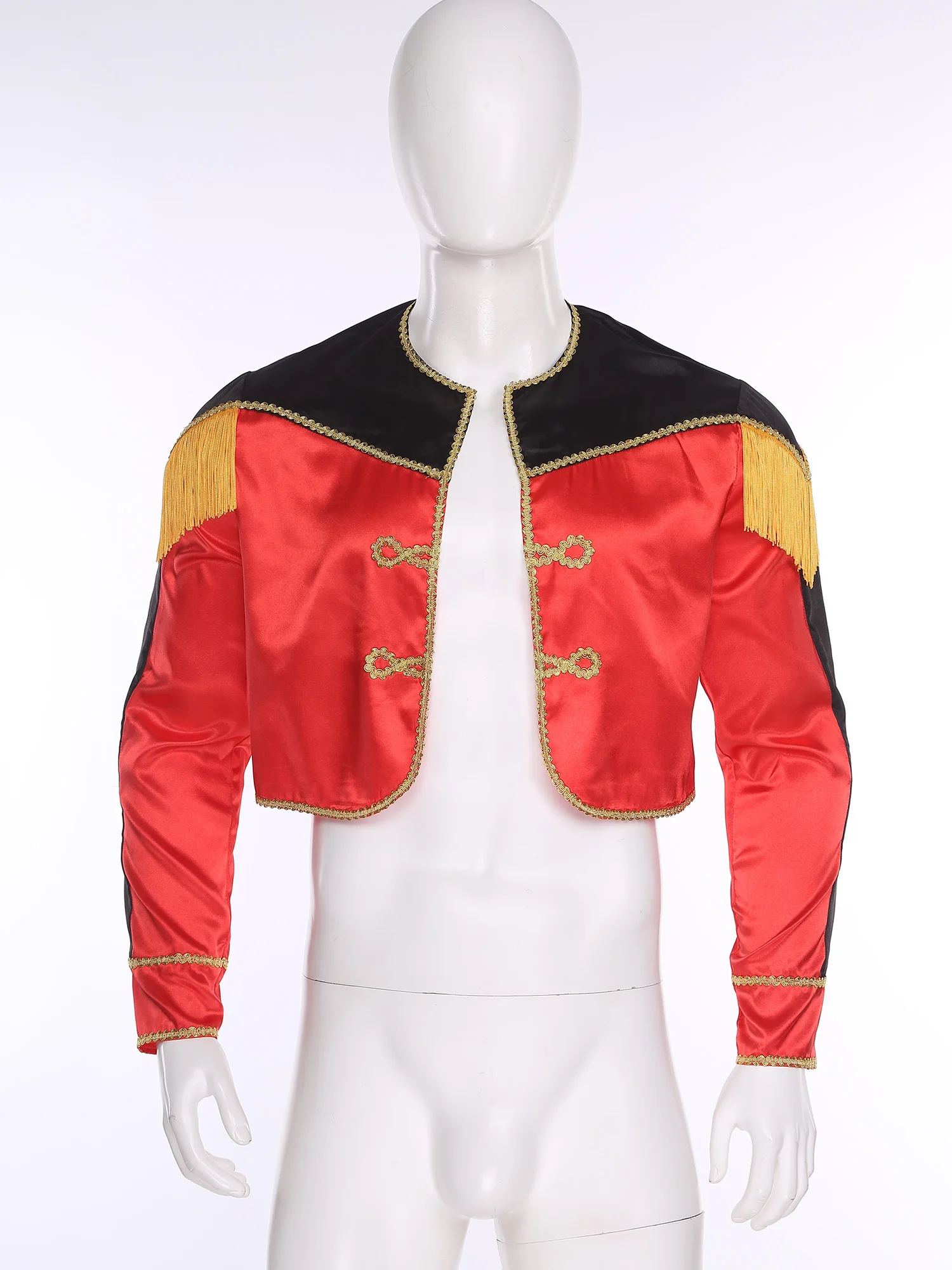 الرجال ماتادور تأثيري ازياء عيد الميلاد السيرك أداء الملابس معطف طويل الأكمام مفتوحة الجبهة الذهب جديلة تقليم شرابات سترة