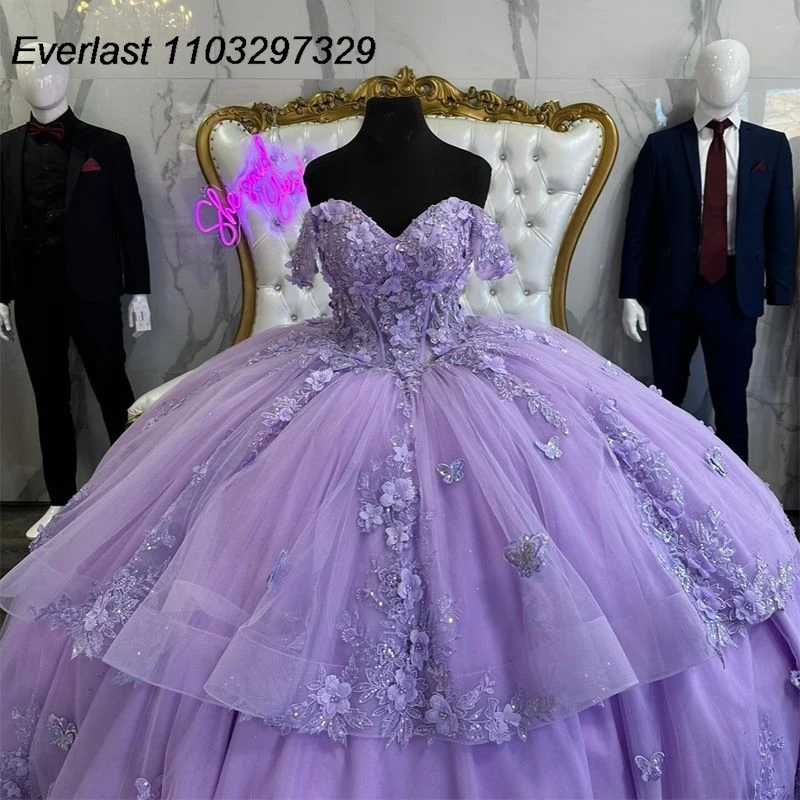 Evlast Glitter Lavendel Quince anera Kleid Ballkleid Blumen Spitze Applikation Perlen abgestuft süß 15 vestido de 15 anos tqd586