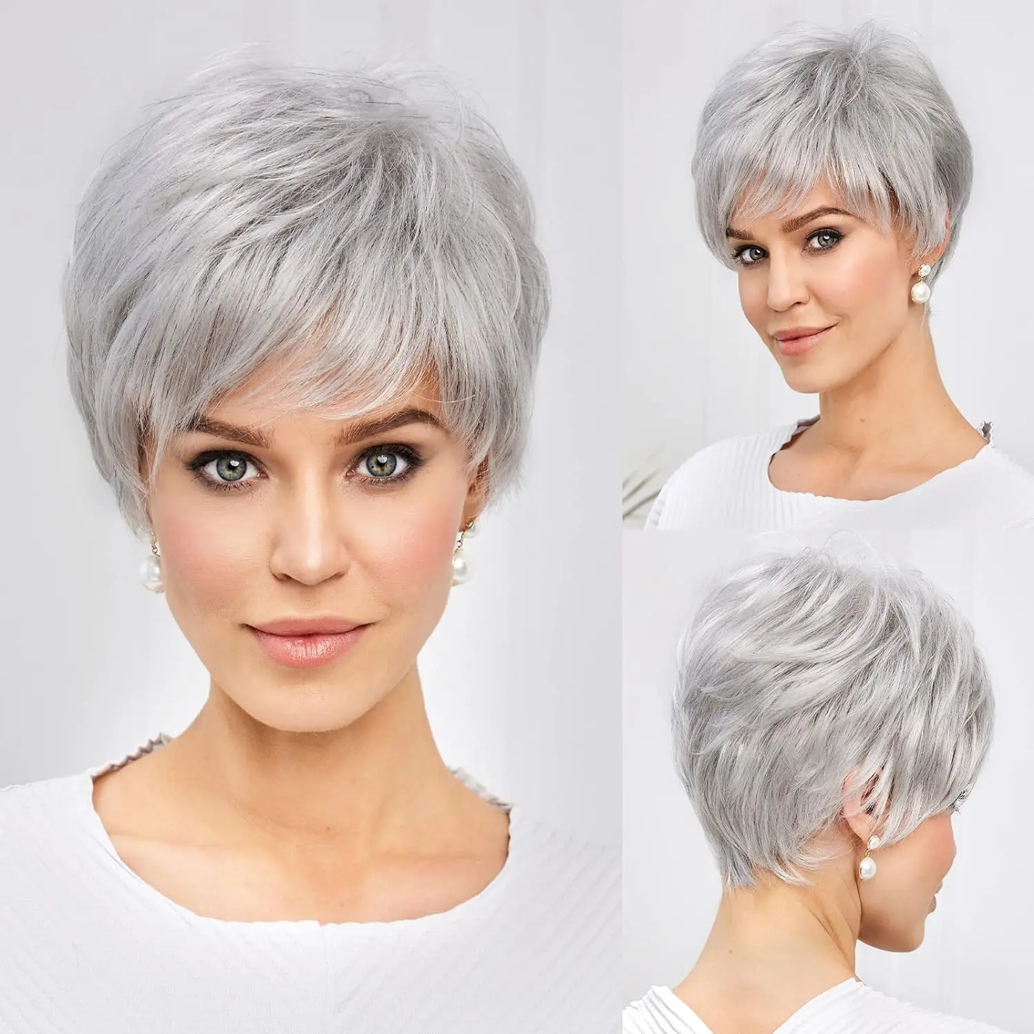 Short Grey Ombre Curly Synthetic Wig with Bangs Soft Natural Look for Women Daily Party Costume Cosplay