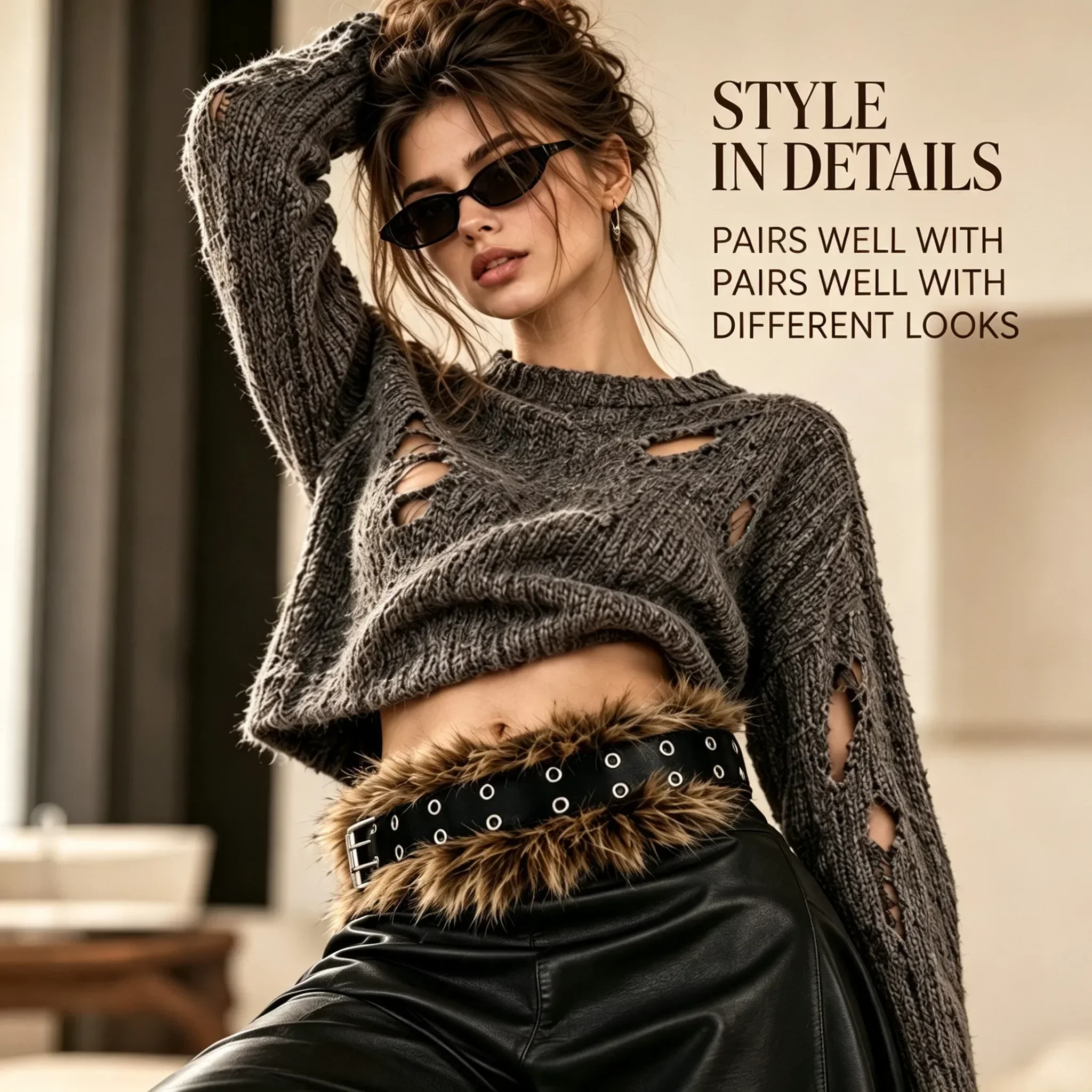 Faux Fur Decor Wide Waist Belt, Double Row Eyelet Punk Leather Belt, Adjustable Waistband For Jeans Dresses Y2K Streetwear