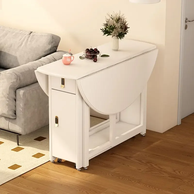 Folding round table full solid wood deformable mobile retractable dining table small apartment household simple modern table