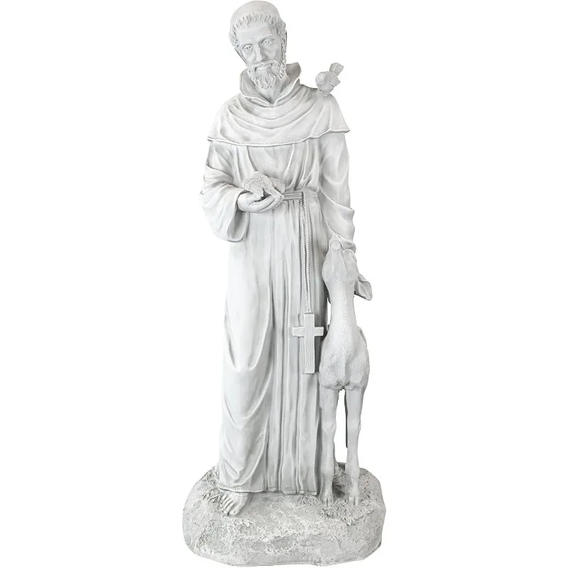 Francis of Assisi, Patron of Animals Religious Garden Decor Statue, 37 inches Tall, Cast Stone Resin, Antique Sto