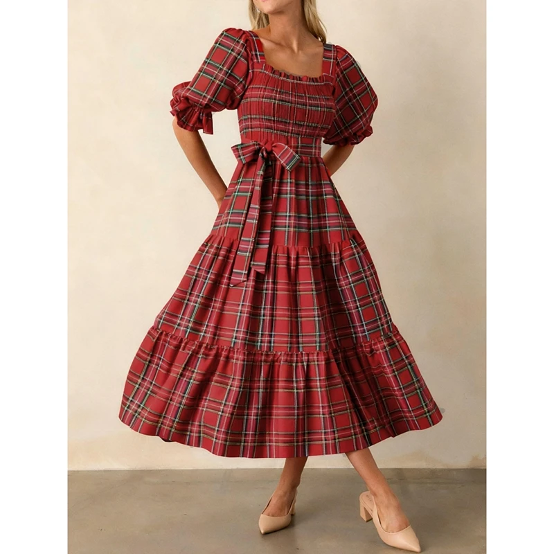 Sukienka damska Combhasaki, świąteczna, w kratę, zwiewna, maxi, styl Y2k, bufiaste rękawy, kwadratowy dekolt, falbany, marszczona, w kratkę gingham, na imprezę, z paskiem, długa.