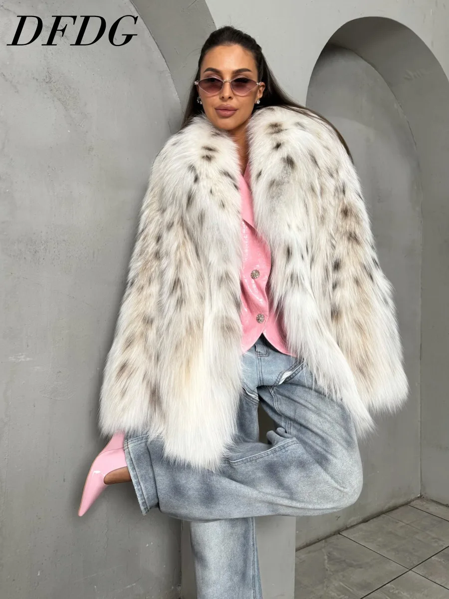 DFDG 2026 Women Leopard Print Faux Fur Mid‑Long Coat Wide Lapel Collar Fluffy Plush Oversized Jacket Luxury Winter Street Coat
