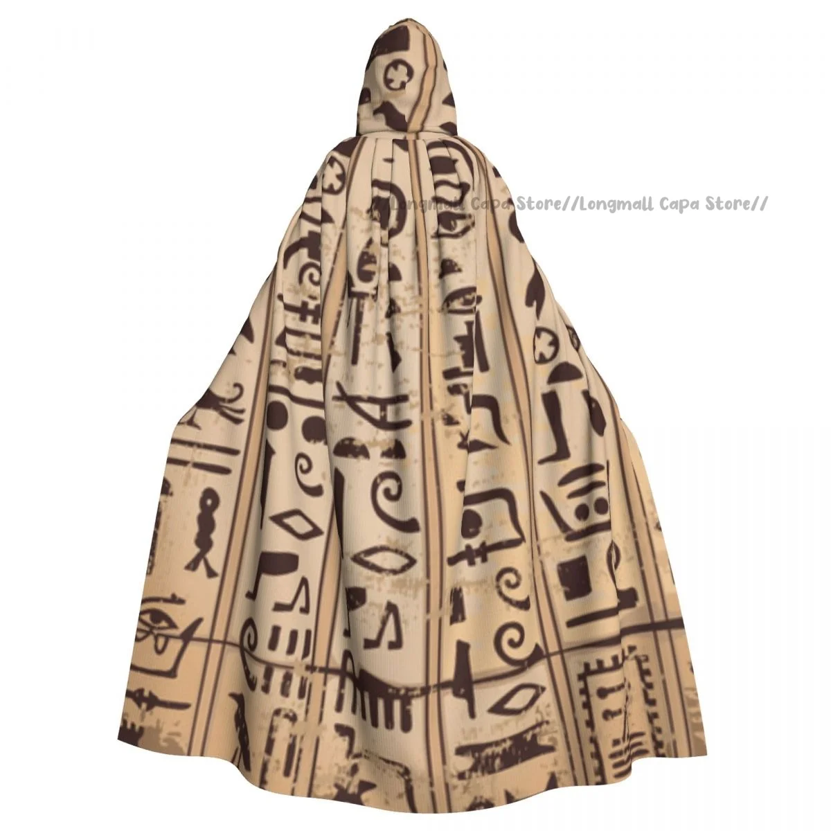 Adult Halloween Egyptian Hieroglyphs Pattern Cloak Cape Hooded Medieval Costume Full Length Dress Coat