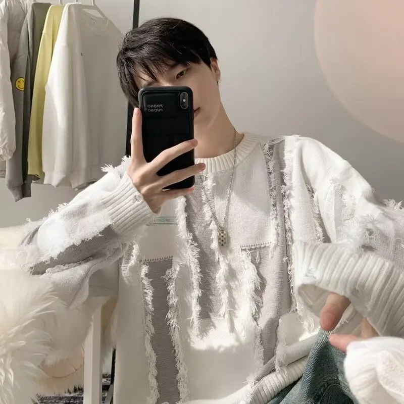 

Fall Winter Vintage Trendy Leisure Knit Sweater Men Fringed Splicing Warm Cozy Oversized Crewneck Sweater Knitted Pullover