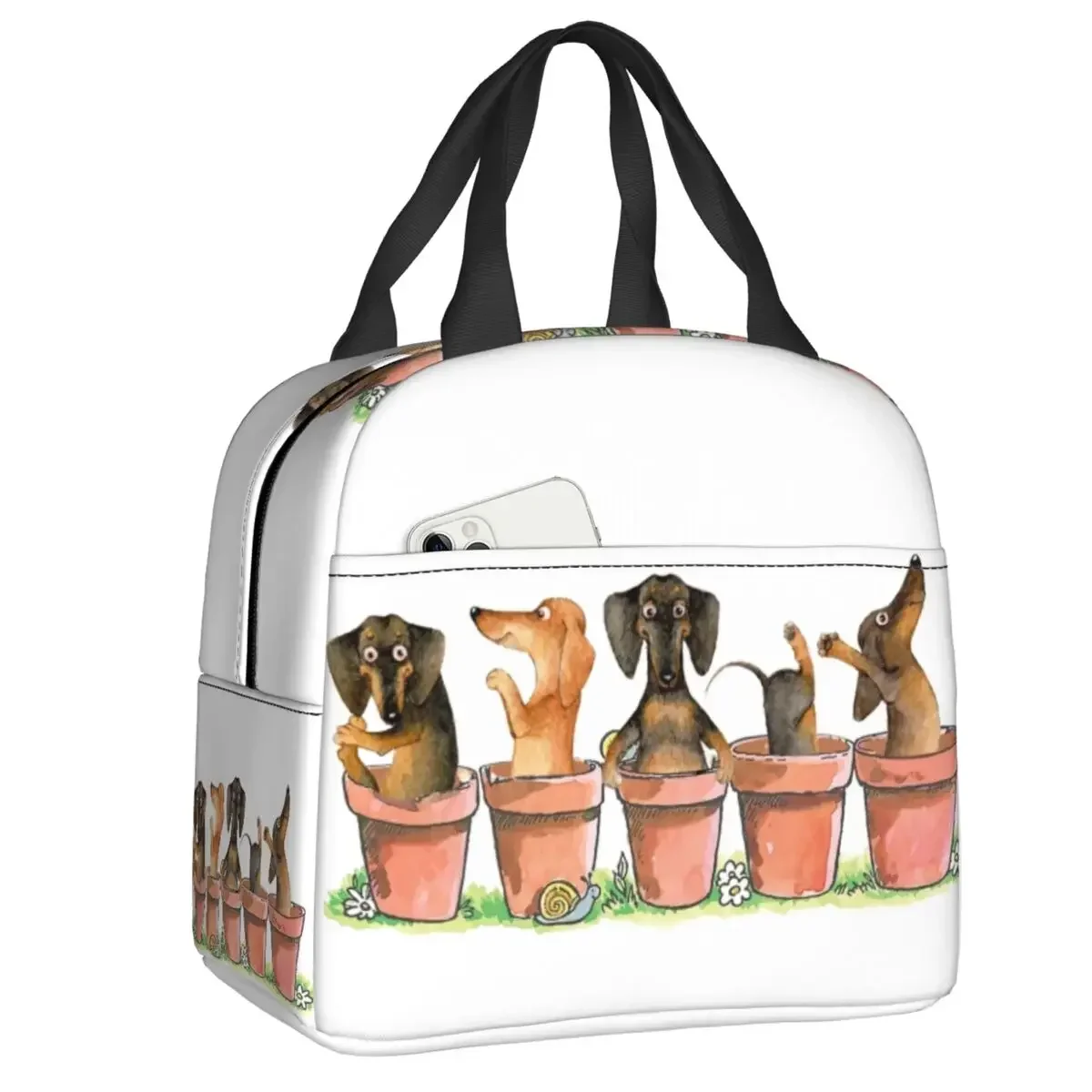 Dachshund Flower Pots Insulated Lunch Bags Wiener Badger Sausage Dog Portable Cooler Thermal Food Lunch Box Work School Travel