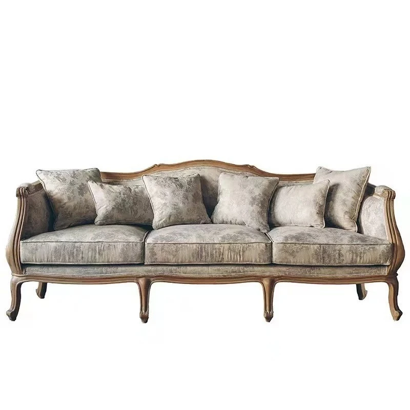 French retro, all solid wood sofa, American antique, villa three people, fabric design