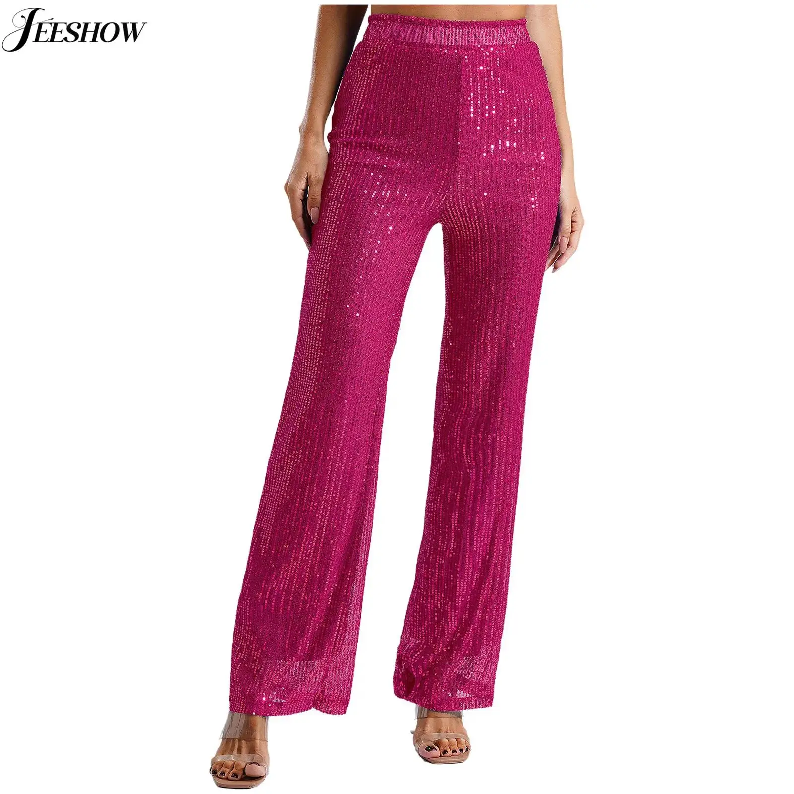 Womens Shiny Sequin Straight Wide Leg Pants Elastic Waistband Fully Lining Loose Office Pants Rave Dance Party Trousers Clubwear