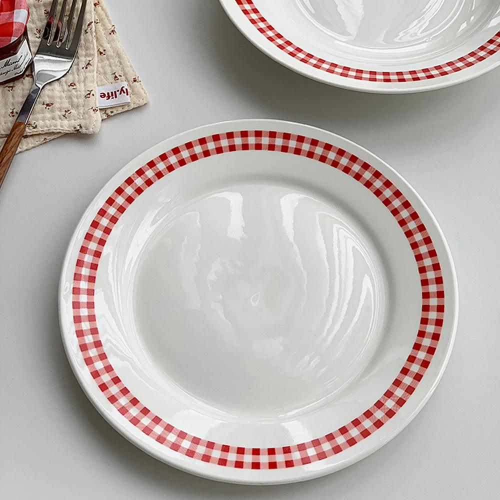 

Korean Fashion Red Plaid Ceramic Plate Cake Dessert Serving Dishes Household Kitchen Durable 8Inches Porcelain Dinner Tablewares