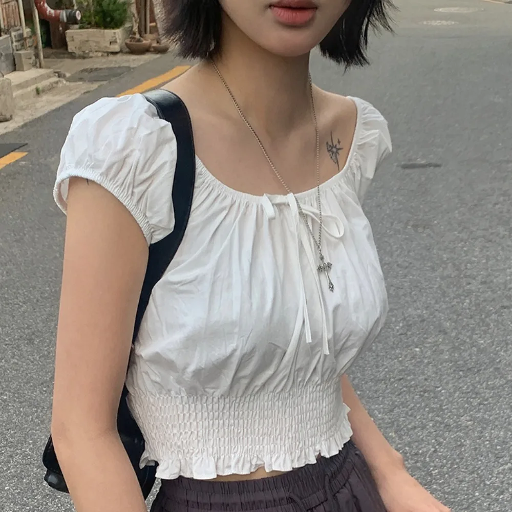 

Chic Korean Style Short Sleeve Bubble Sleeve Slim Fit Waist Cinching Shoulder Baring Top for Young Women Summer Fashionable S...