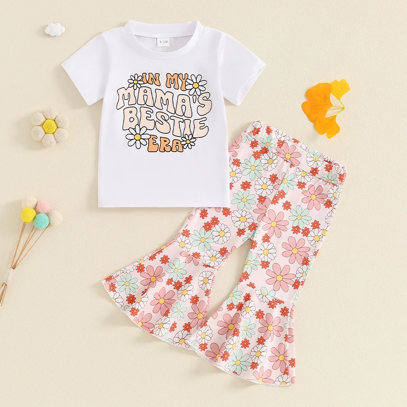 

Suefunskry Little Girl Summer Outfit, Letter Print Short Sleeve T-Shirt Daisy Print Flared Pants Baby Toddler 2 Piece Set