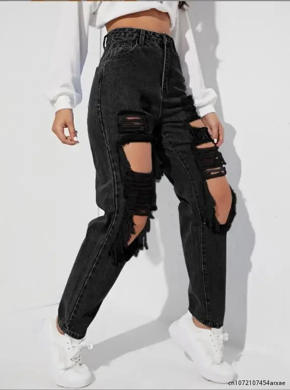 Ladies High Street Ripped Jeans Trousers Denim Fashion Hole Washing High Waist Jeans Woman Cotton Denim Straight Pants