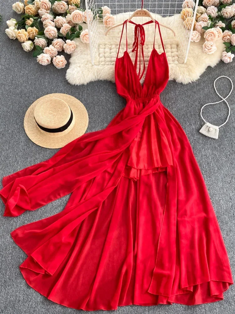 Summer Women\'s Party Dress Seaside Holiday Pure Color Halter Neck Strap Halter Strap Dress New Beach Female Dresses FC090