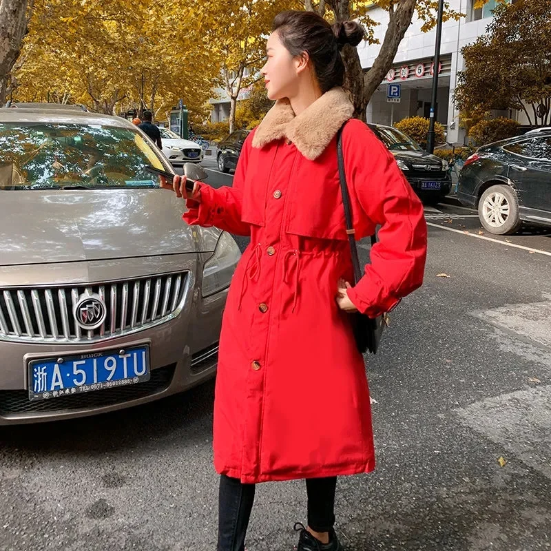 2023 New Women's Winter Coats Korean Loose Mid-Long Plus Velvet Windbreaker Thick Padded Jacket Tooling Jacket Parkas