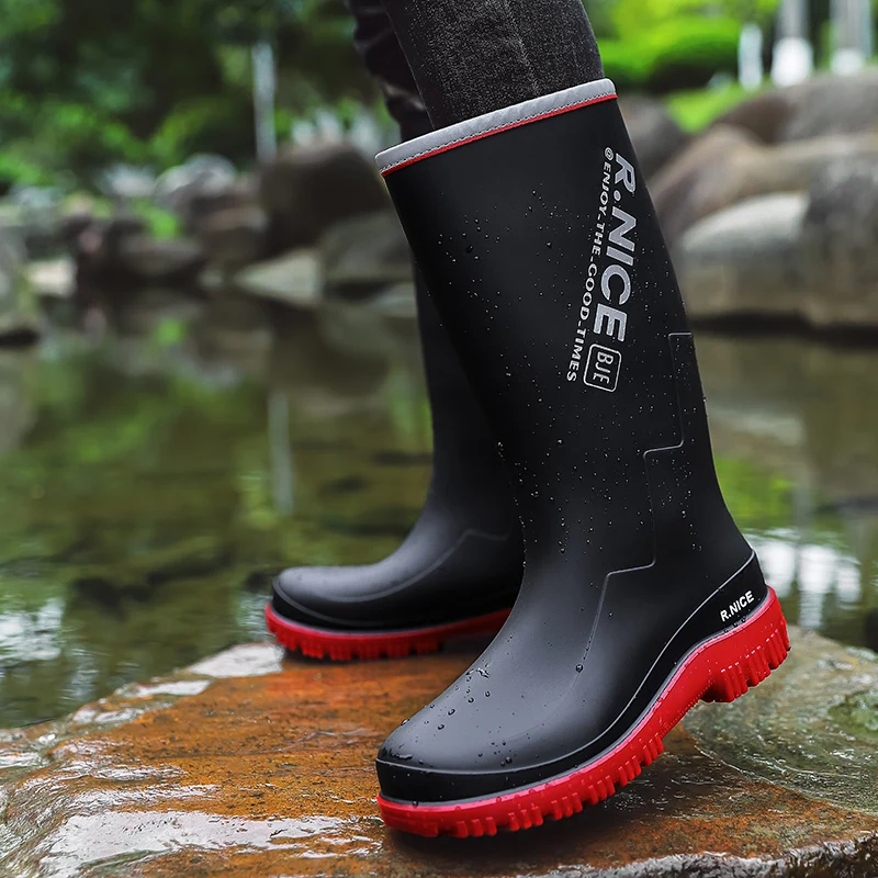 Men's outdoor rain shoes High‑cut  Rain Boots Non-slip Wear-resistant Sole Portable Fishing Kitchen Boots  rainwater operations view 2