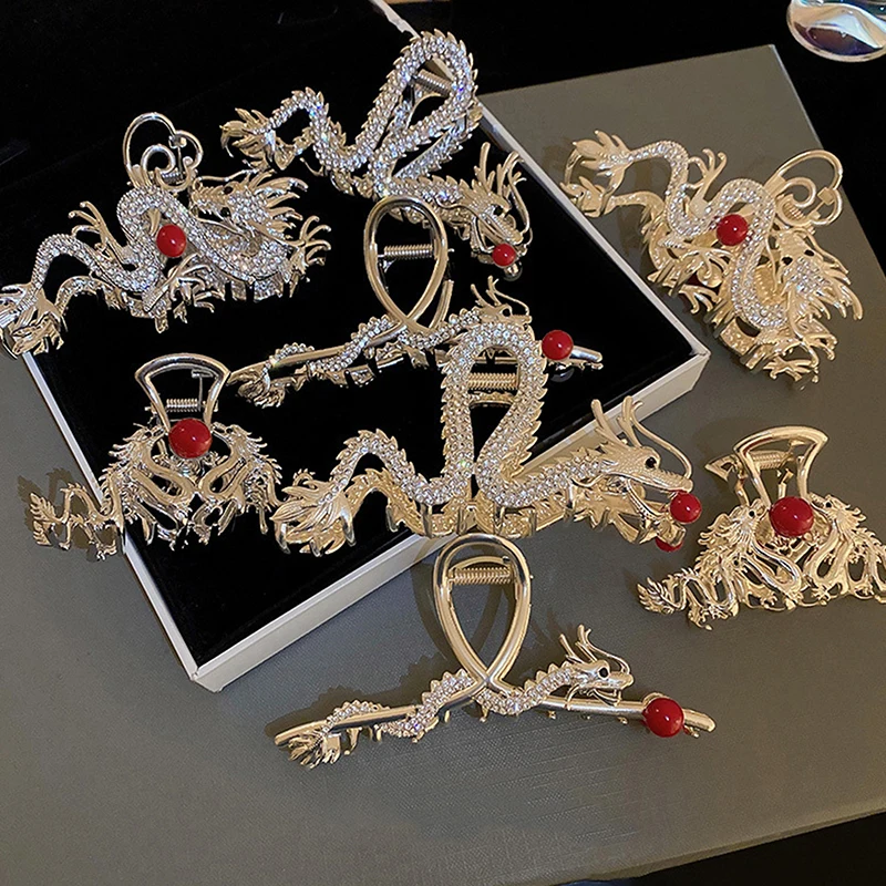 Chinese Style Zodiac Dragon Shape Hair Clips Hair Accessories For Women Girl Red Bead Alloy Rhinestone Hair Claw Fashion Jewelry