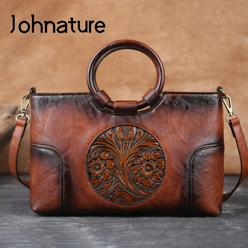 Johnature High Quality Leather Women Bag 2024 New Retro Handmade Embossed Shoulder Bags Large Capacity Female Messenger Bag