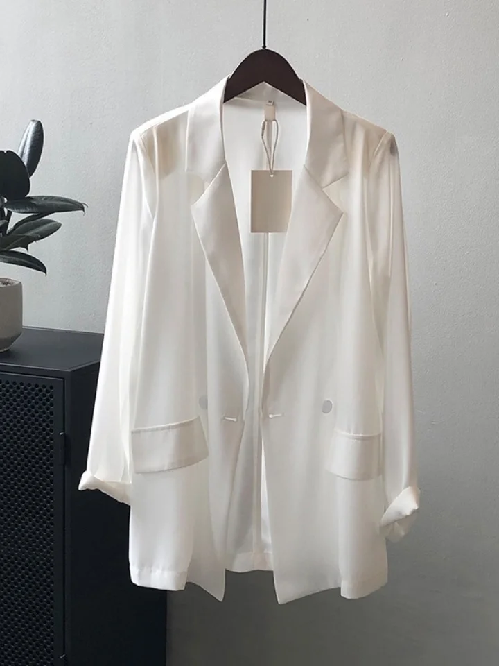 

Thin Summer Casual Loose Sun Protection Women's Blouse Design Sense Shawl Collar Long Sleeve Nylon Fabric Breathable Coat
