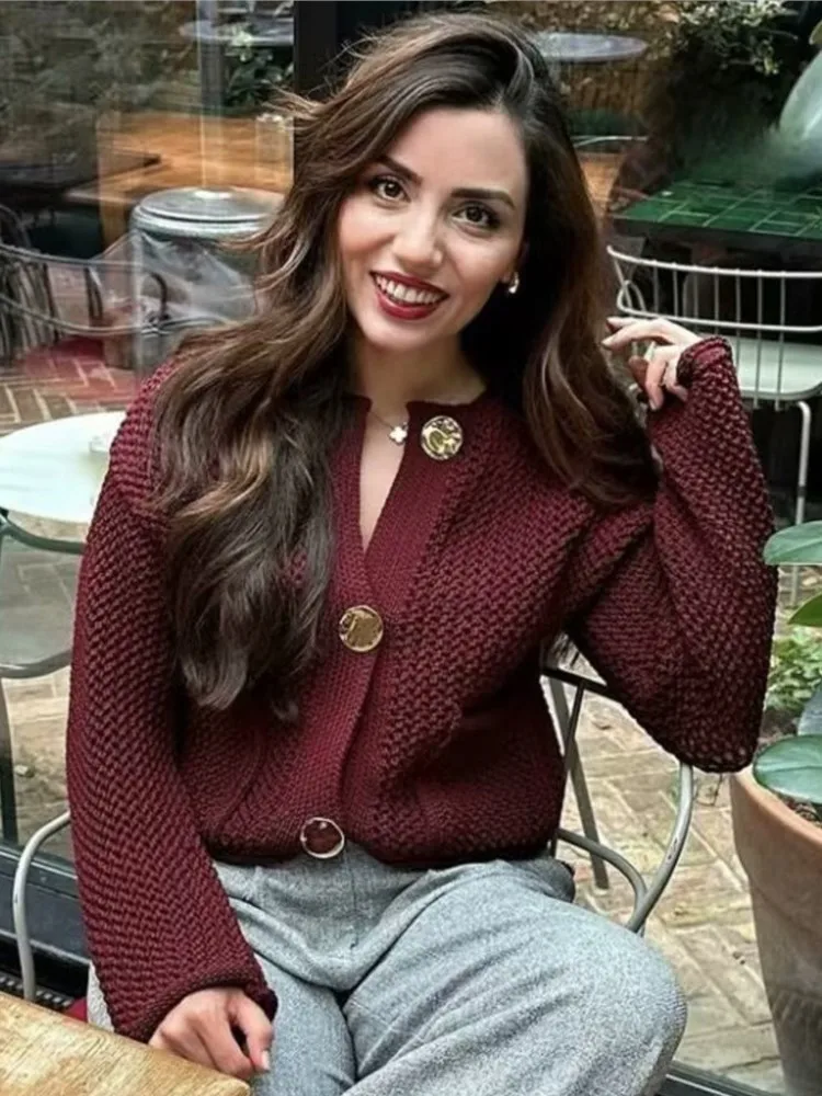 

Knitted Cardigan Sweater Women Fashion Red Cropped Outerwears Knitwears Autumn 2025 New Long Sleeve Button Up Tops Woven Sweater