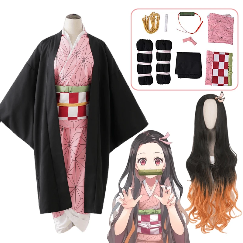 Kostum Cosplay Kimono Kimetsu No Yeyang Kamido Nevuko Anime Demon Slayer Nezuko Pakaian Halloween Seragam Kimono Anak Perempuan