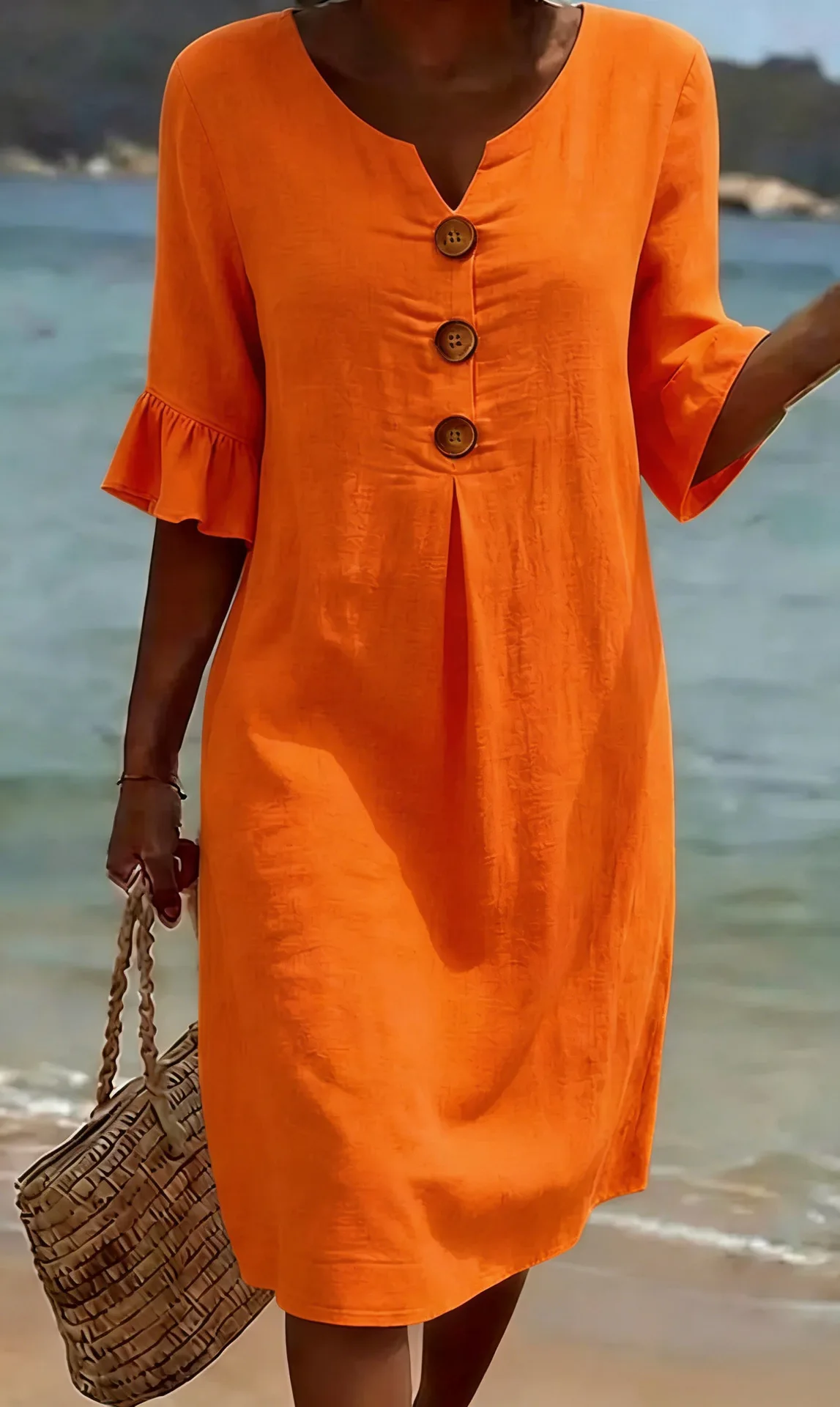 V-neck Button Solid Color Casual New Beach Vacation Style Versatile Dress For Women's A-line Lace Short Sleeved Patchwork Skirt