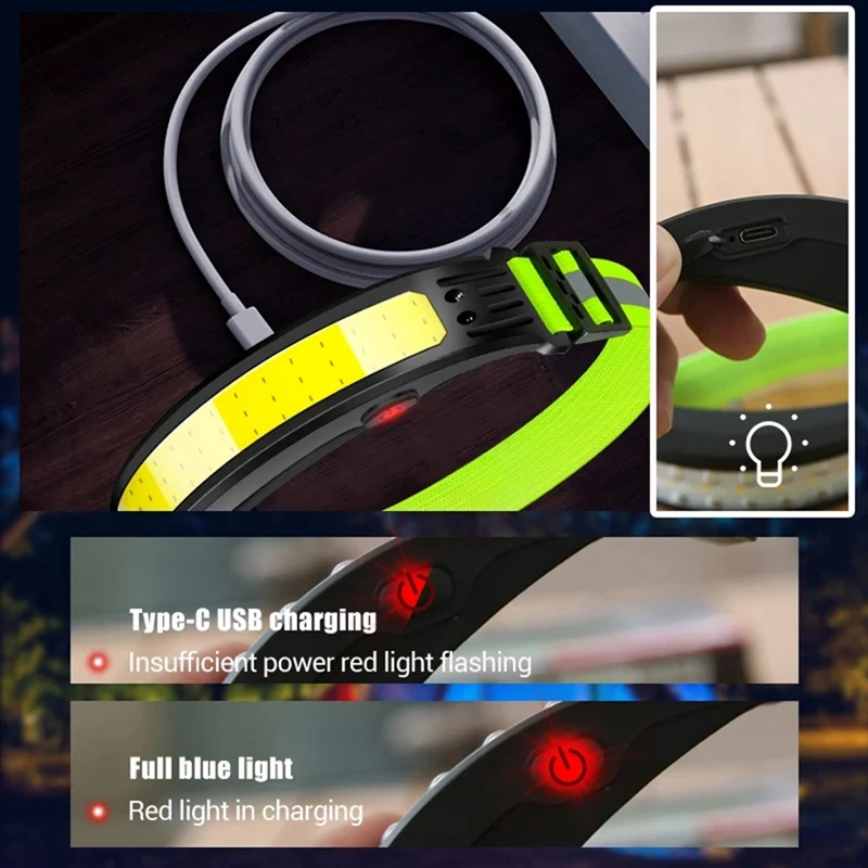 1 قطعة الشعلة تشغيل المصباح مقاوم للماء USB قابلة للشحن رئيس ضوء المدمج في بطارية ضوء العمل COB