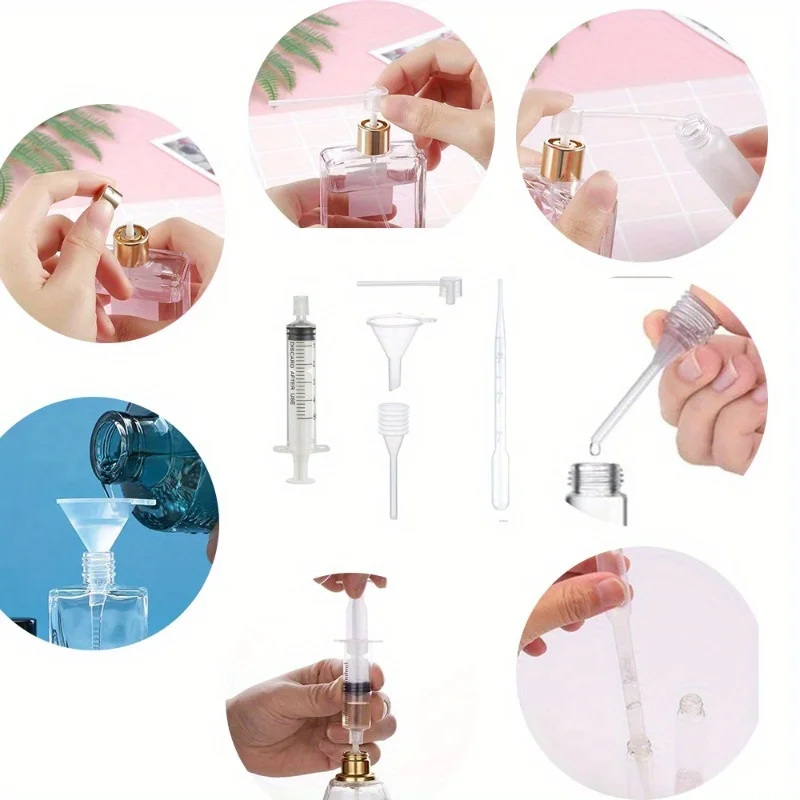 Conjunto de recarga de perfume de 5 peças: funil de plástico, pipeta, conta-gotas e seringa - para cosméticos líquidos, perfumes e óleos essenciais