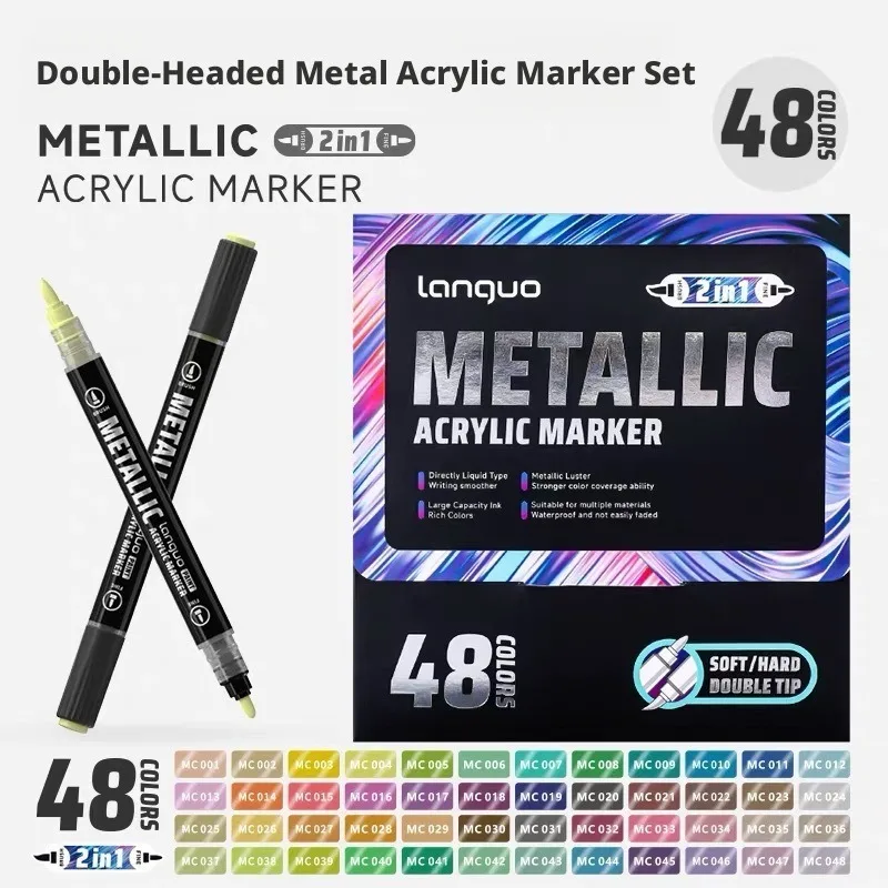 Dual Tip Metallic Acrylic Marker 48 Colors Soft Brush & Fine Tip Paint Pen for Stone Ceramic Graffiti DIY Crafts Art Drawing
