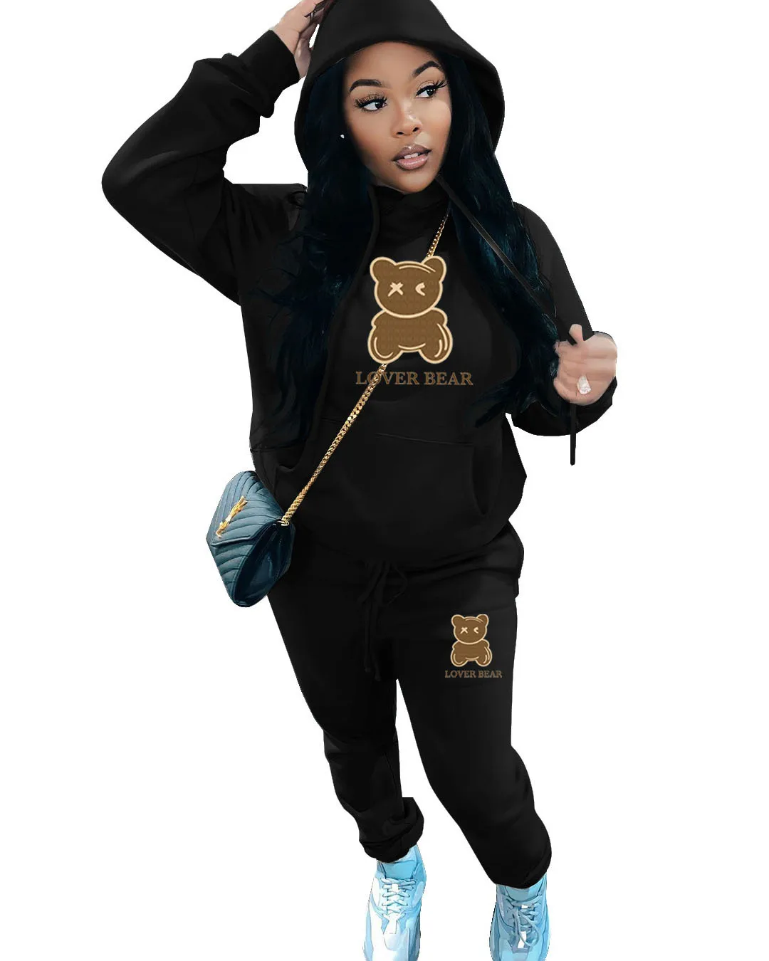 New Casual Hooded Sweater Set Fashion Brand Little Bear Head Printed Pants Set Large Sweater Street Clothing Sets Womens 2 Piece