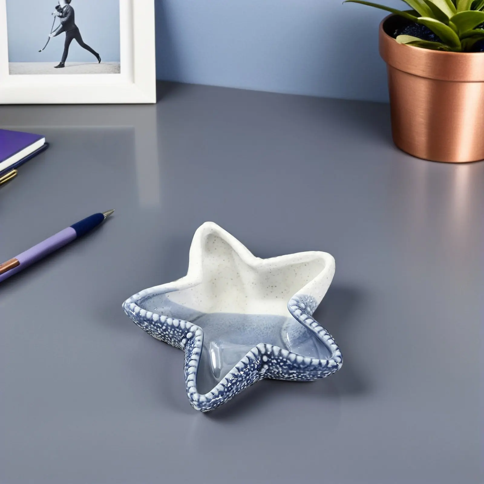 

1Pcs Sea Star Storage Plate Blue Ceramic Jewelry Key Holder Multi Purpose Small Item Tray Home Decor Accessory